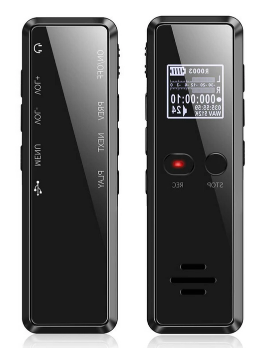 Professional digital voice recorder with auto-save, built-in speaker, and noise reduction for clear audio.