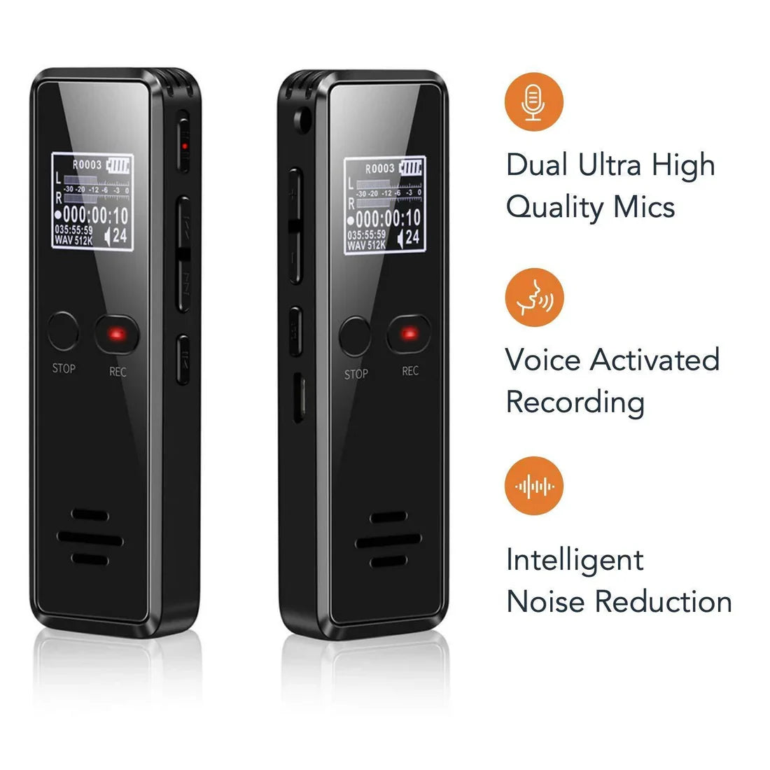 Portable digital audio sound recorder for meetings & lectures. Features voice-activated recording & auto-save.