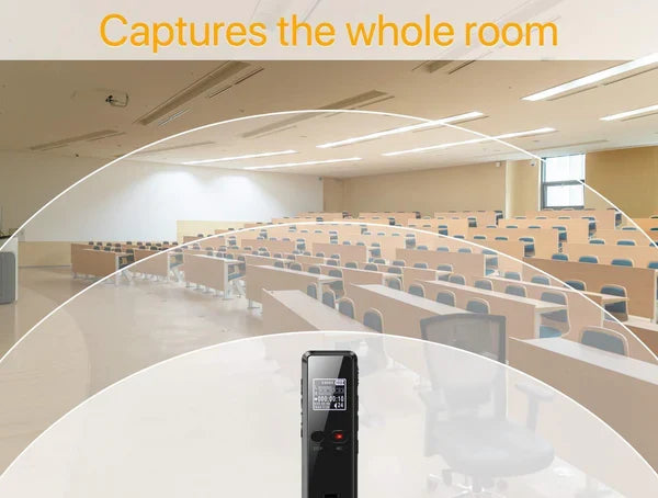 Rechargeable professional audio recorder with built-in speaker and auto-save. Ideal for high-quality voice capture.