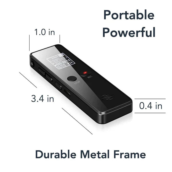 Digital voice recorder with noise reduction, voice activation, and auto-save for professional sound recording.