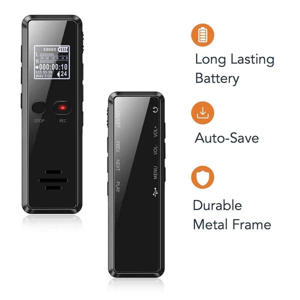 Compact professional digital voice recorder ensures crystal-clear audio recordings with auto-save and speaker.