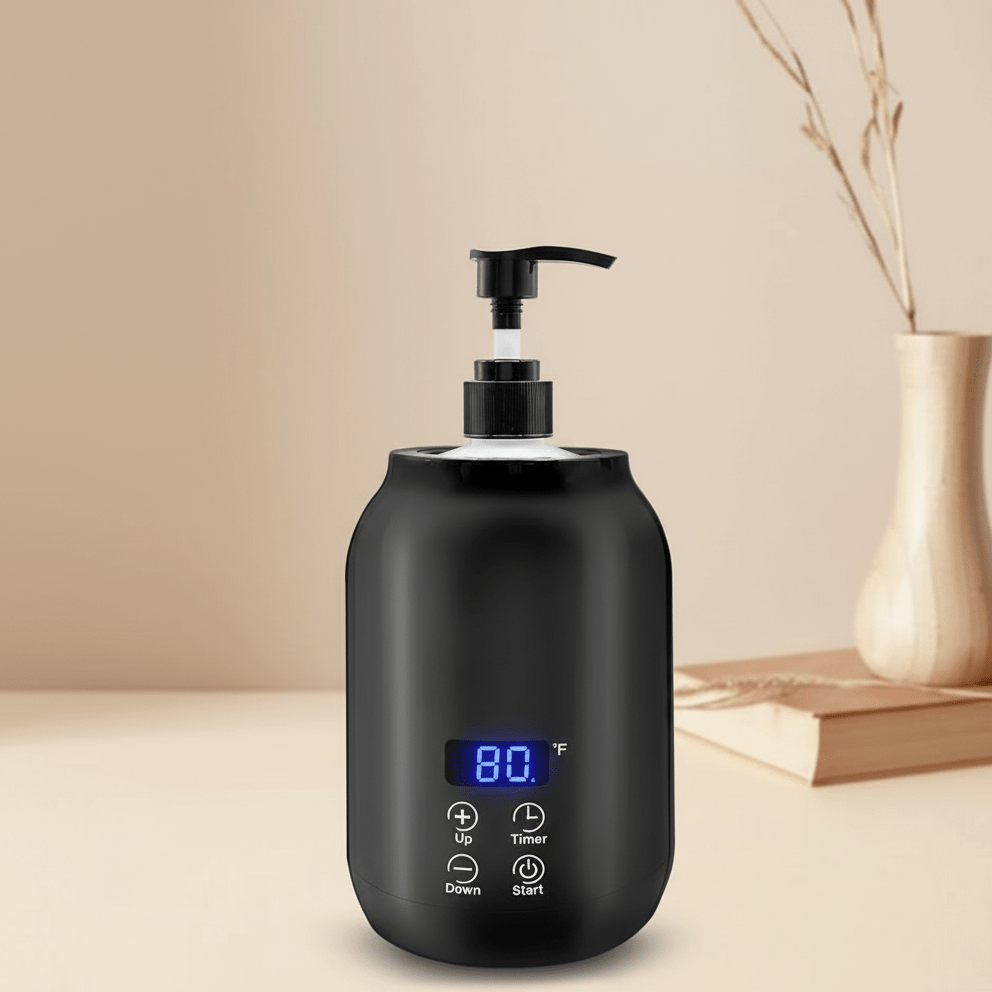 Compact electric massage oil warmer, perfect for estheticians, delivering warm oil for professional spa services.