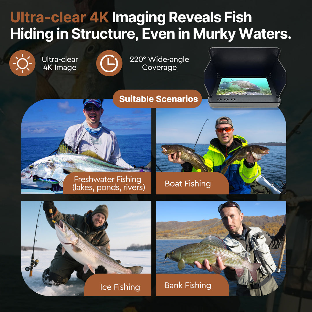 Close-up of 4K camera lens on professional fish finder, highlighting underwater detail