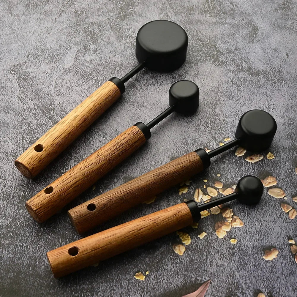 Accurate measuring spoon set, stainless steel & wood design, perfect kitchen tools gift.