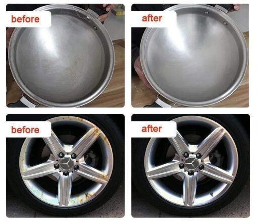 Close-up of stainless steel scratch remover eliminating scratches & rust from metal surfaces.