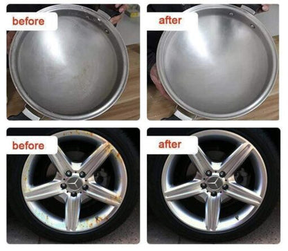 Close-up of stainless steel scratch remover eliminating scratches & rust from metal surfaces.