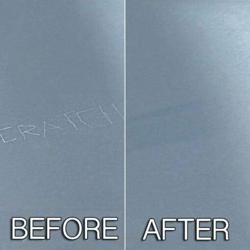 Stainless steel scratch & rust remover applied to a refrigerator, for appliance care & cleaning.