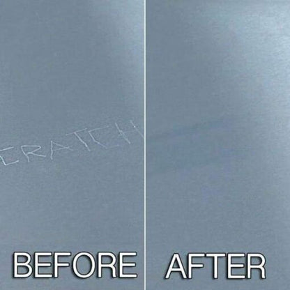 Stainless steel scratch & rust remover applied to a refrigerator, for appliance care & cleaning.