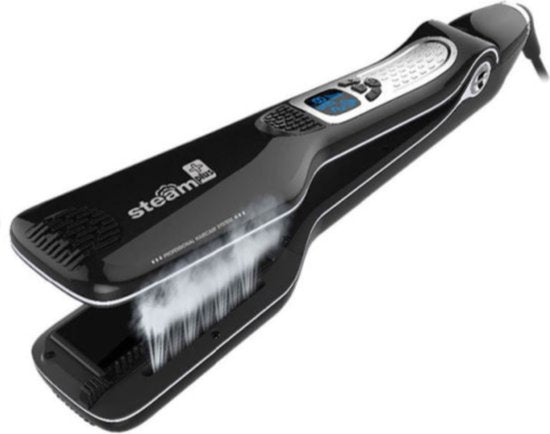 Elara professional steam straightener for women, featuring digital display, ceramic plates, & anti-frizz, shiny results.