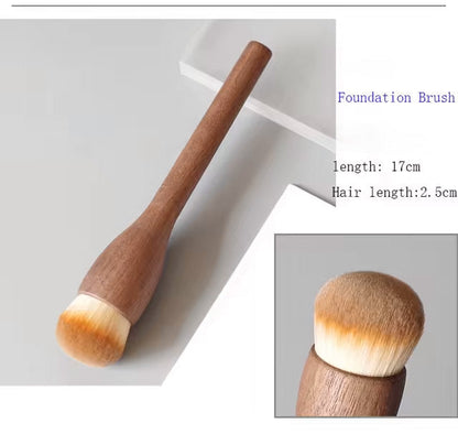 Essential professional vegan makeup brush set, a stylish cosmetic tool collection with walnut handles.