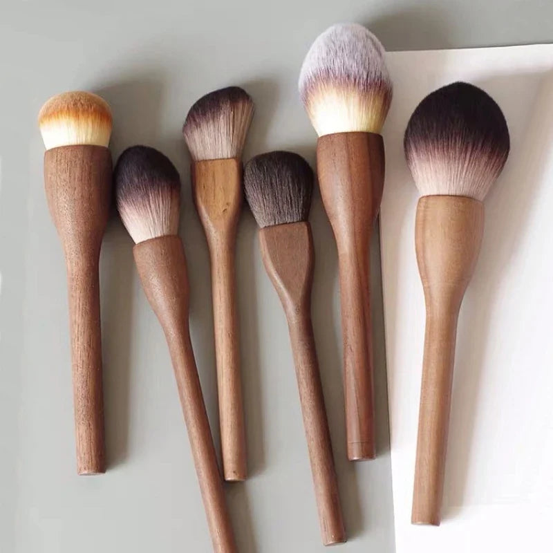 Soft synthetic bristles & ergonomic walnut handles in this professional vegan makeup brush collection.