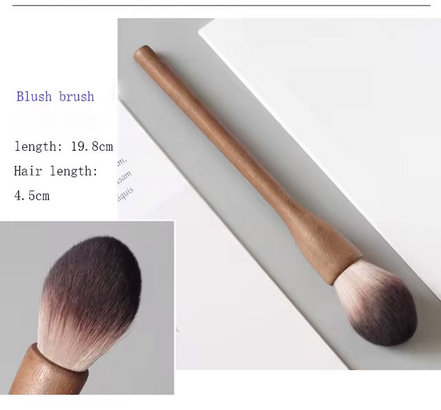 Complete professional vegan makeup brush set, diverse cosmetic tools with elegant walnut handles.