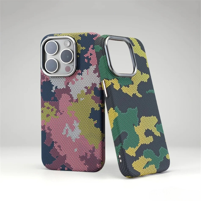 Tech accessory: carbon fiber camo iPhone case, slim, protective, & scratch-resistant.