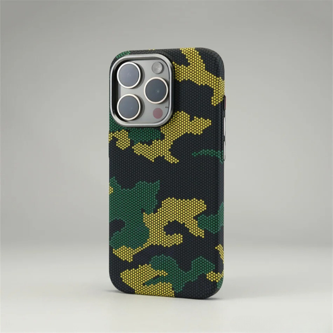 Lightweight carbon fiber iPhone case in camouflage, provides ultimate drop protection.