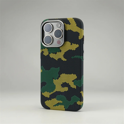 Lightweight carbon fiber iPhone case in camouflage, provides ultimate drop protection.