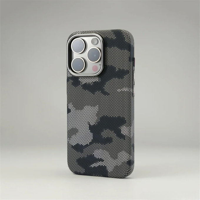 Durable camo iPhone case, carbon fiber tech accessory, scratch resistant & dustproof.