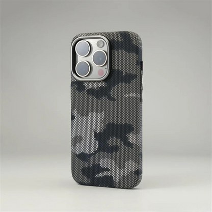 Durable camo iPhone case, carbon fiber tech accessory, scratch resistant & dustproof.
