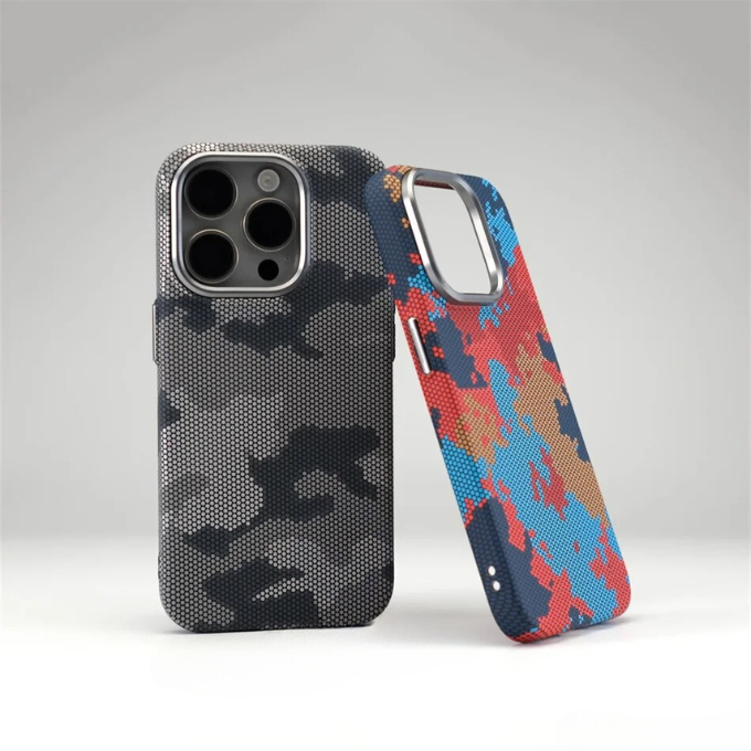 Stylish camo pattern iPhone case, made with lightweight carbon fiber for durable phone protection.