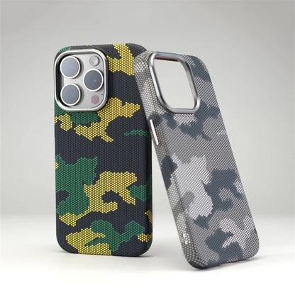 Advanced drop protection iPhone case, showcasing carbon fiber material & camouflage aesthetic.