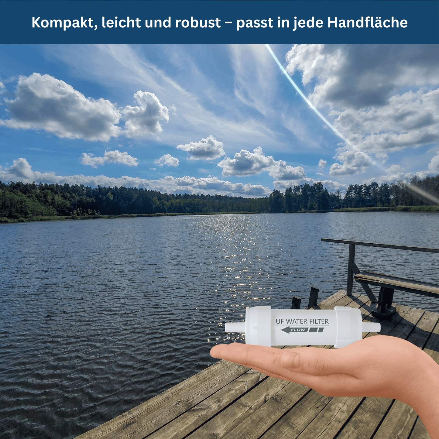 PureStream Mini portable water filter held in hand, ready for outdoor adventure hydration.