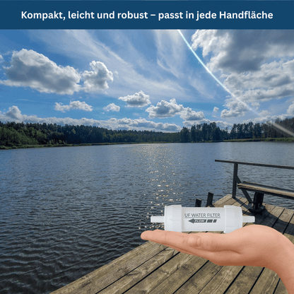 PureStream Mini portable water filter held in hand, ready for outdoor adventure hydration.