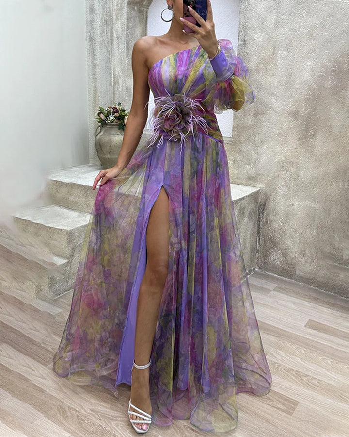 Elegant orange floral one-shoulder maxi dress with high slit, ideal for women's summer parties.