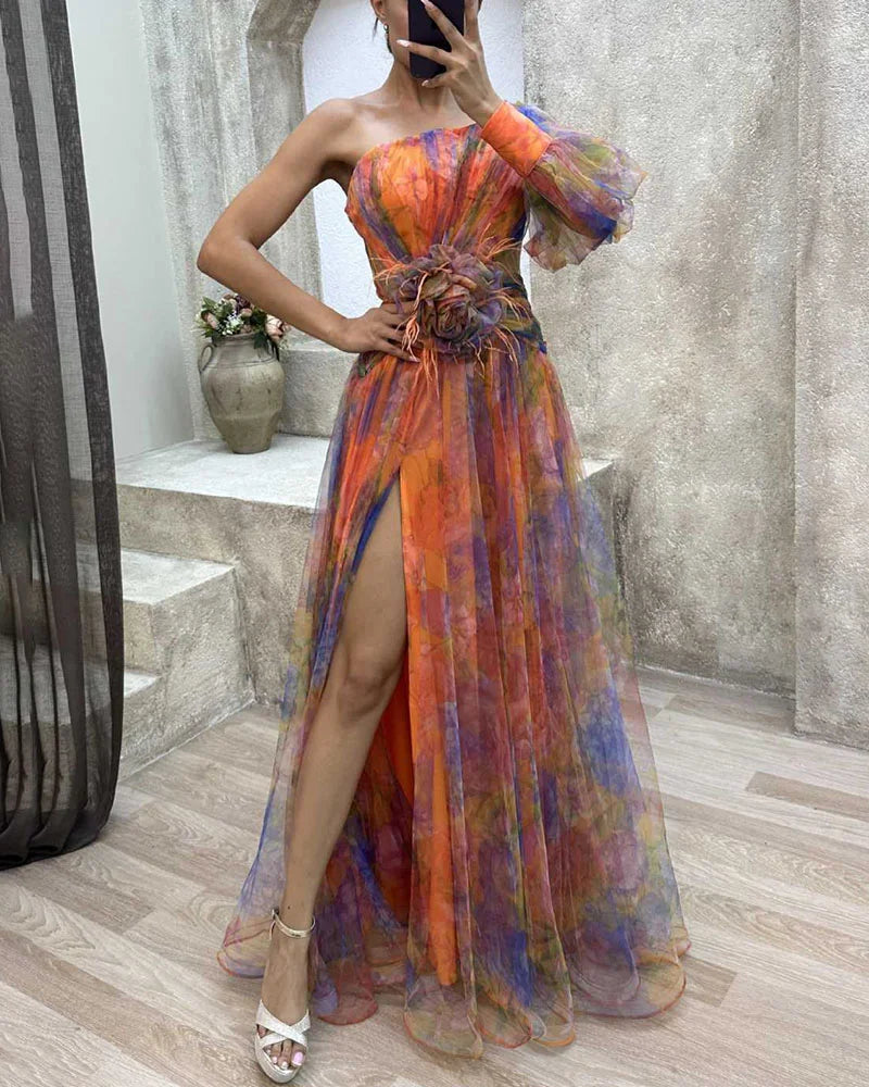 Green floral print one-shoulder maxi dress for women, featuring a stylish high slit for cocktails.