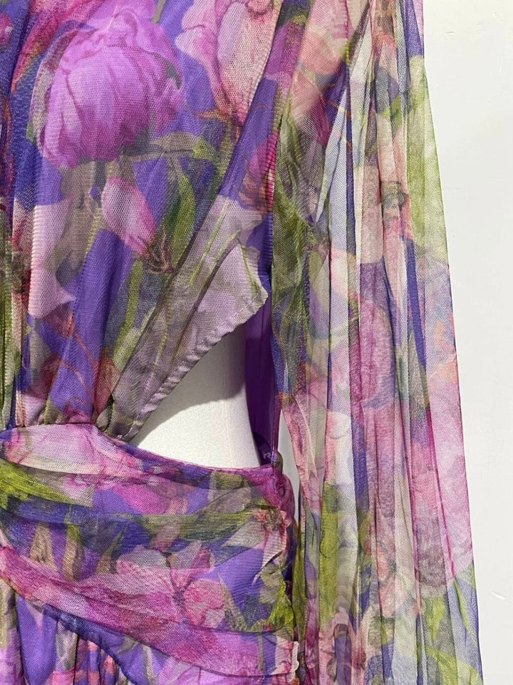 Elegant purple floral print one-shoulder maxi dress with high slit, a women's fashion statement.