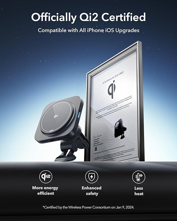 Versatile Qi2 15W magnetic wireless car charger with secure dashboard and air vent mounting options for iPhone.
