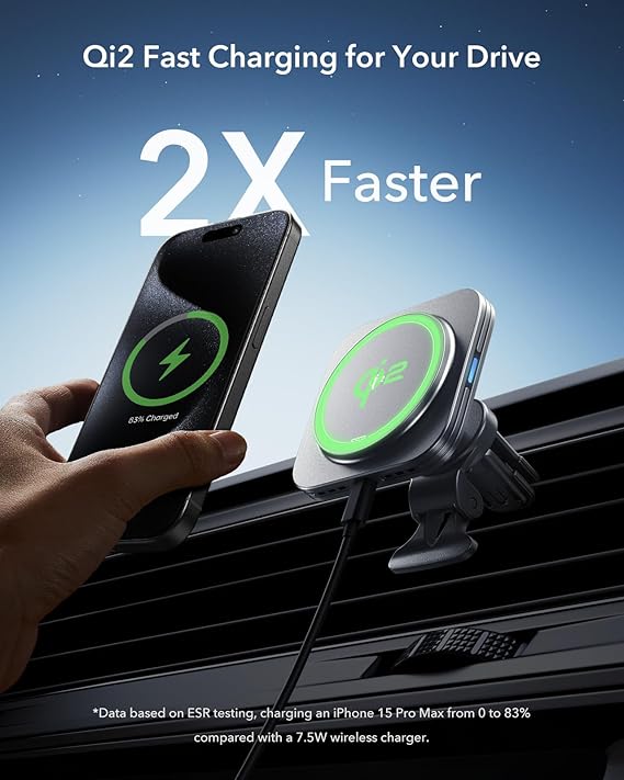 Magnetic MagSafe compatible Qi2 15W wireless car charger for iPhone, secure and fast charging on the go.