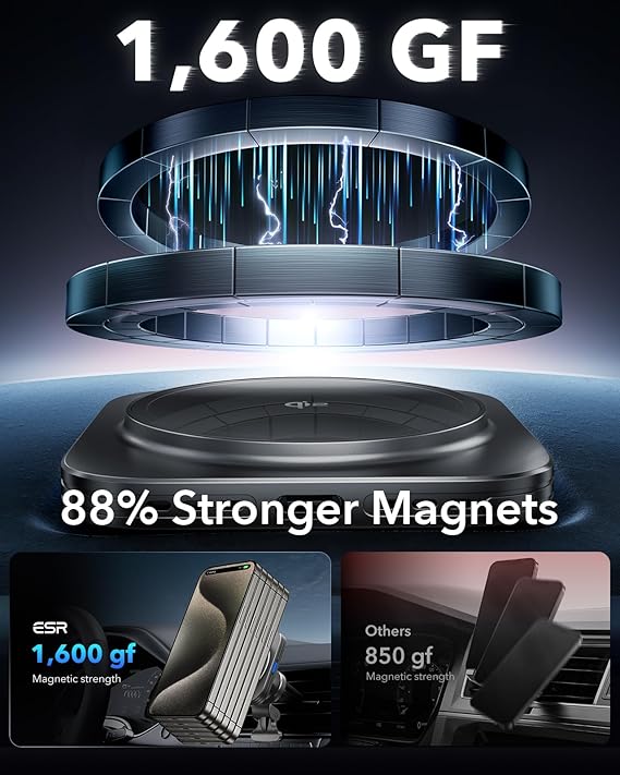 Sleek black Qi2 15W magnetic wireless car charger with dashboard & air vent mounts, fast iPhone charging.
