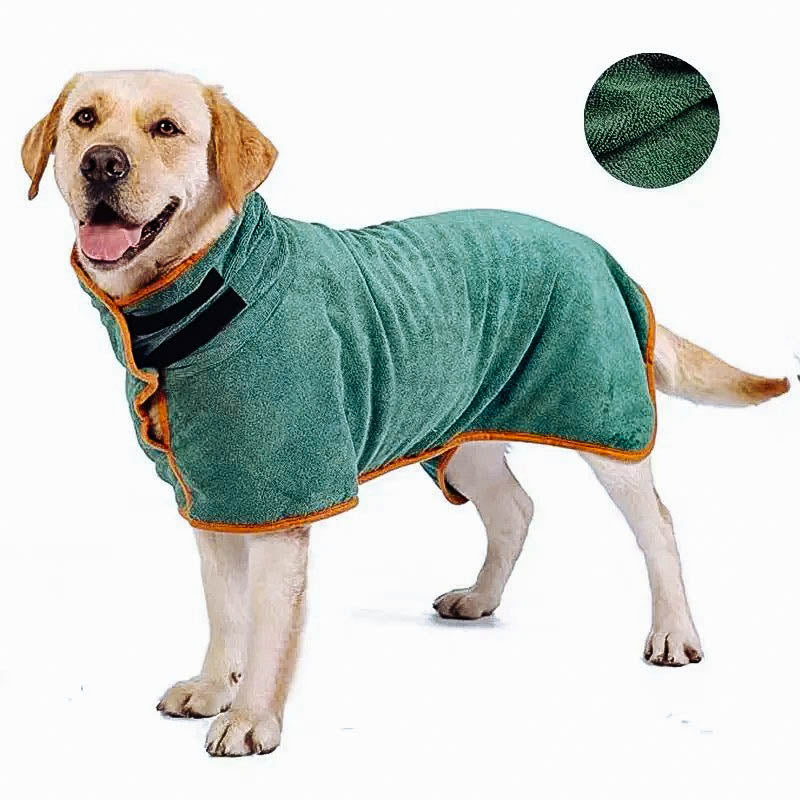 Quick-dry dog bathrobe in soft fabric, perfect absorbent pet towel for cozy pups after bath time.
