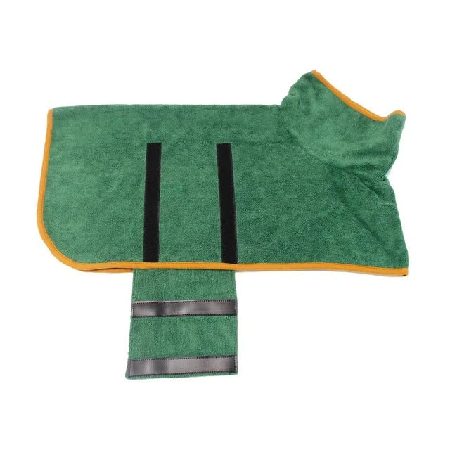Luxurious absorbent dog bathrobe drying a happy Golden Retriever after a swim. Ideal quick-dry pet towel.