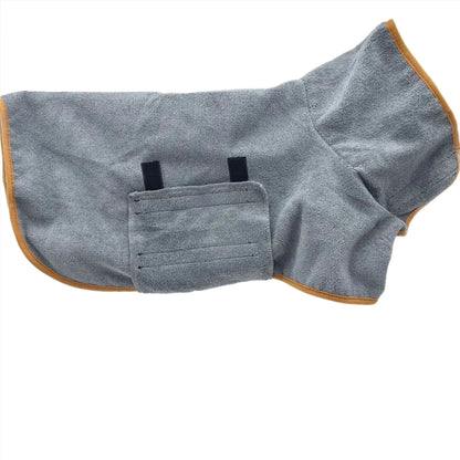 Cozy post-bath dog bathrobe made from super absorbent, quick-dry material, ensuring pet comfort & fast drying.