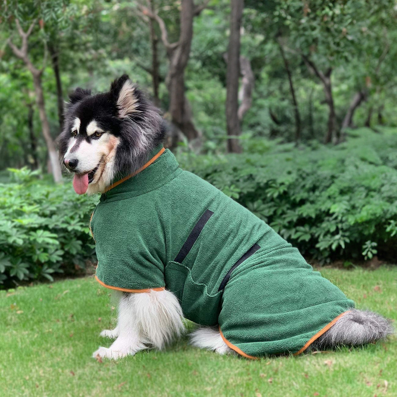 Fluffy grey dog bathrobe, a highly absorbent pet towel, quickly drying a happy dog after a shower.