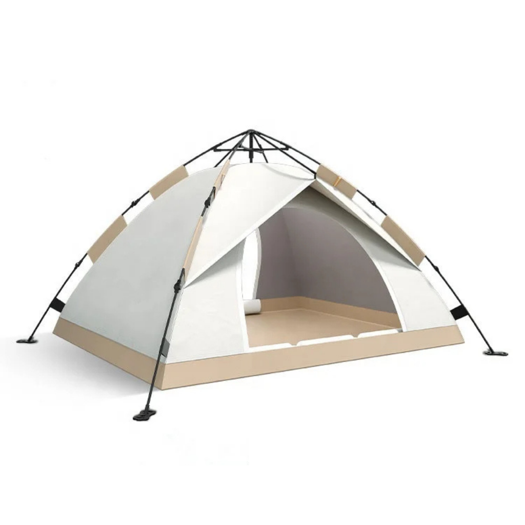 Quick setup pop-up camping tent in a green field, ideal for instant outdoor adventures.