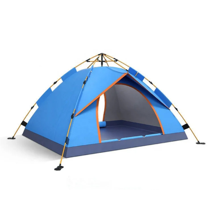 Instant pop-up camping tent, blue and gray, showcasing its easy setup for adventurers.