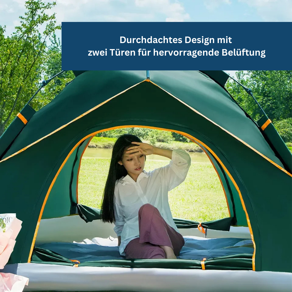 Quick setup pop-up tent, shown from above, integrating into a natural outdoor setting.