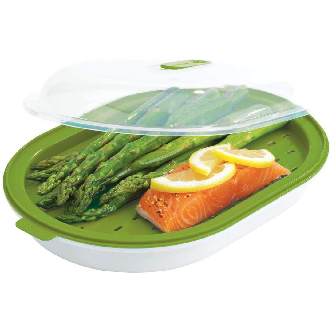 QuickSteam microwave food steamer for healthy, fast cooking of vegetables & fish. Ideal kitchen appliance.