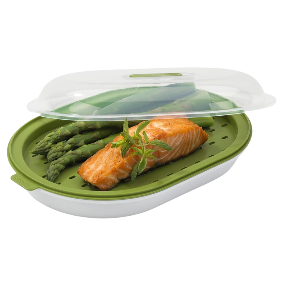 QuickSteam healthy food steamer for fast microwave cooking. Ideal kitchen appliance for quick, nutritious meals.