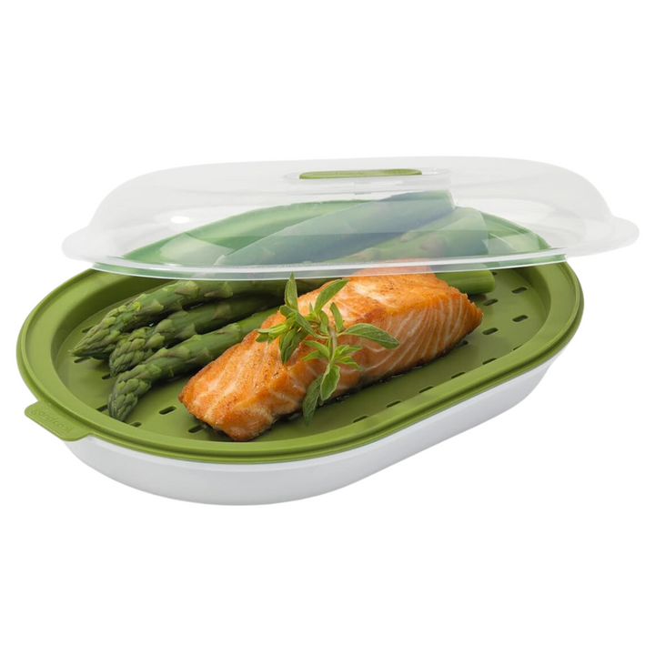 QuickSteam healthy food steamer for fast microwave cooking. Ideal kitchen appliance for quick, nutritious meals.