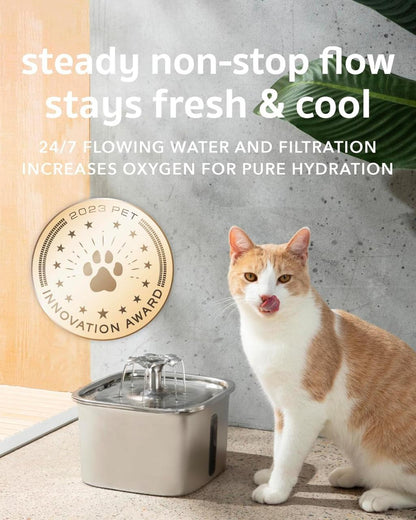 Durable stainless steel cat water fountain, dishwasher safe, 95oz capacity for fresh, filtered water.