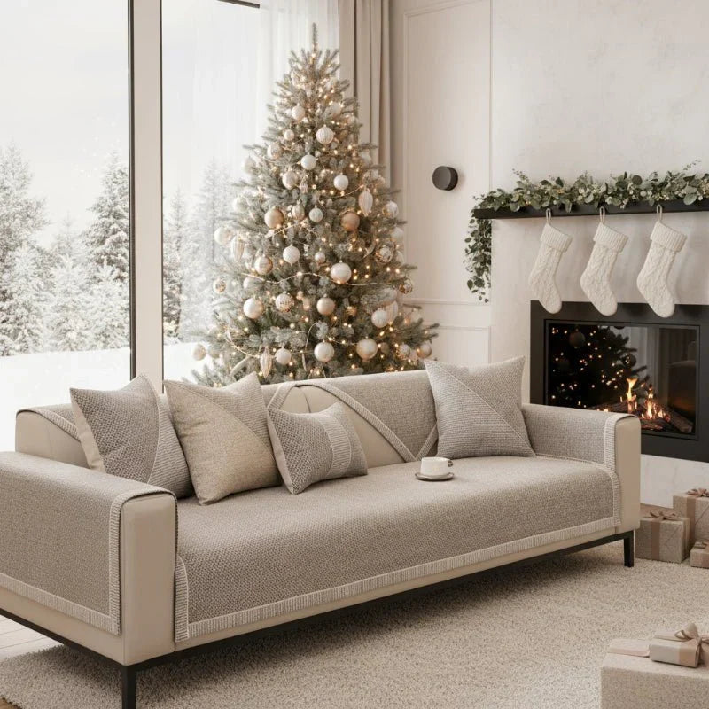 Quilted cotton-linen non-slip sofa protector. All-seasons furniture cover for living room comfort & style.