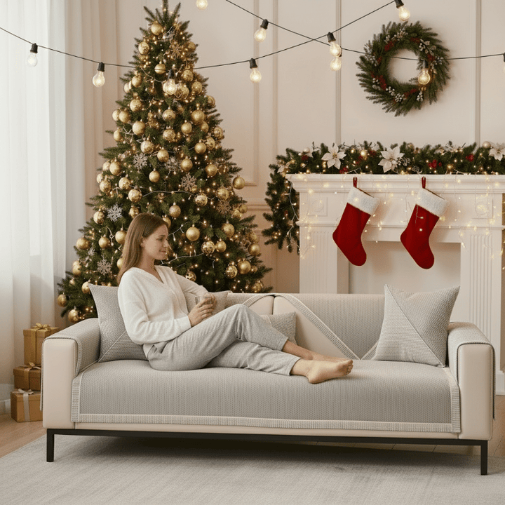 Soft cotton-linen blend sofa cover with non-slip backing. Durable furniture protector for all seasons.