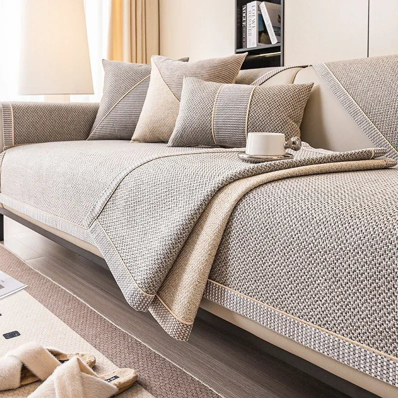 Durable furniture protector, cotton-linen. Pet-friendly sofa cover guards against spills, wear & tear.
