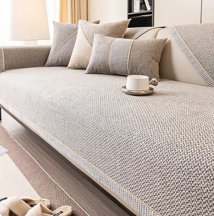 Breathable all-seasons non-slip sofa cover. Comfortable cotton-linen furniture protector for year-round use.