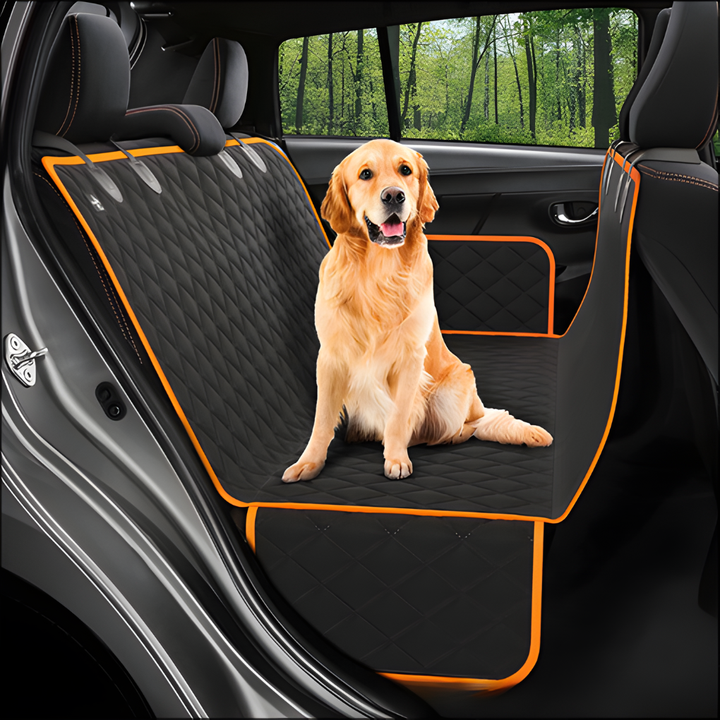 Secure, quilted dog car seat extender ensuring pet safety & comfort in vehicle back seats during travel.