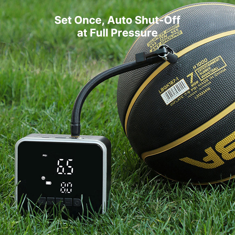 Close-up of the RapidFill portable tire inflator's digital display, indicating current tire pressure, essential auto accessory.