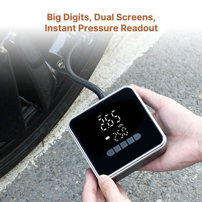RapidFill car and bike tire inflator in a carrying case, showcasing its portability and easy storage as an emergency tool.