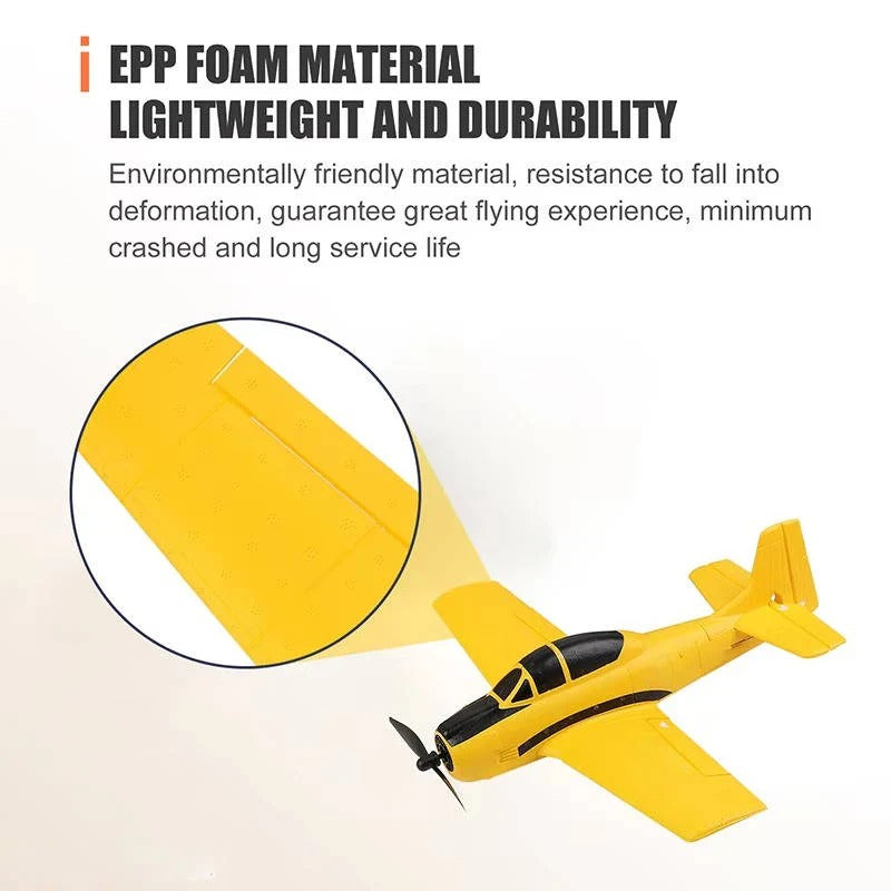 Beginner RC fixed wing airplane featuring 6-axis gyro for easy, stable outdoor flying. EPP foam, dual batteries.